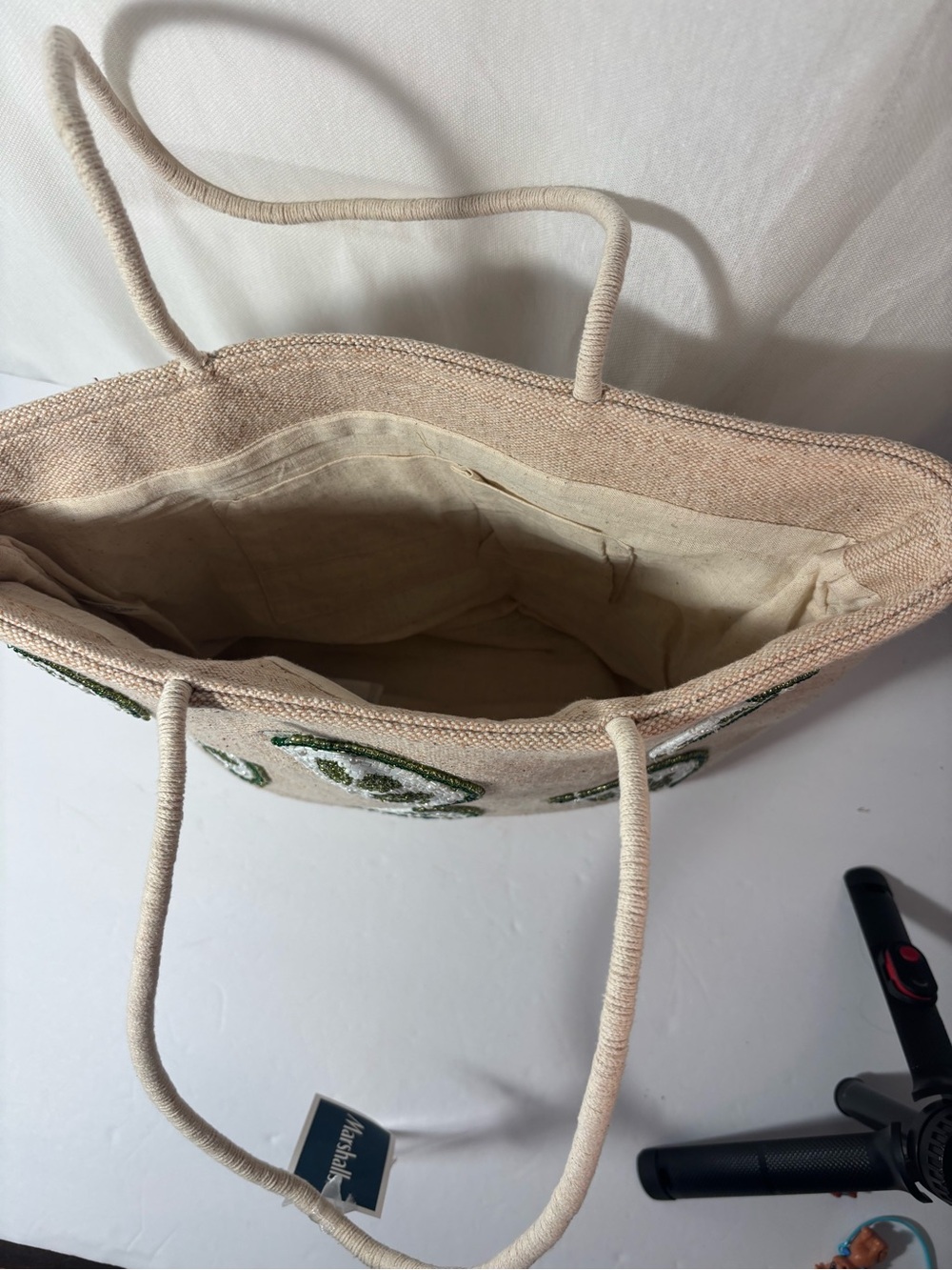 Beaded Lime Motif Handcrafted  Beige Tote Bag with roped handles - Picture 5 of 5